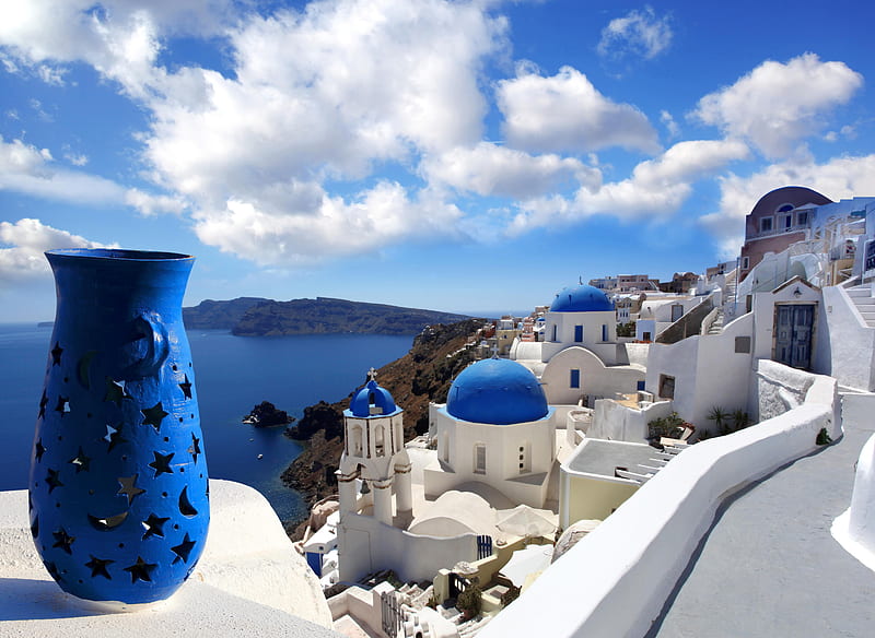 Lovely View, resort, view, sky, clouds, sea, Greece, paradise, Santorini, summer, nature, HD wallpaper