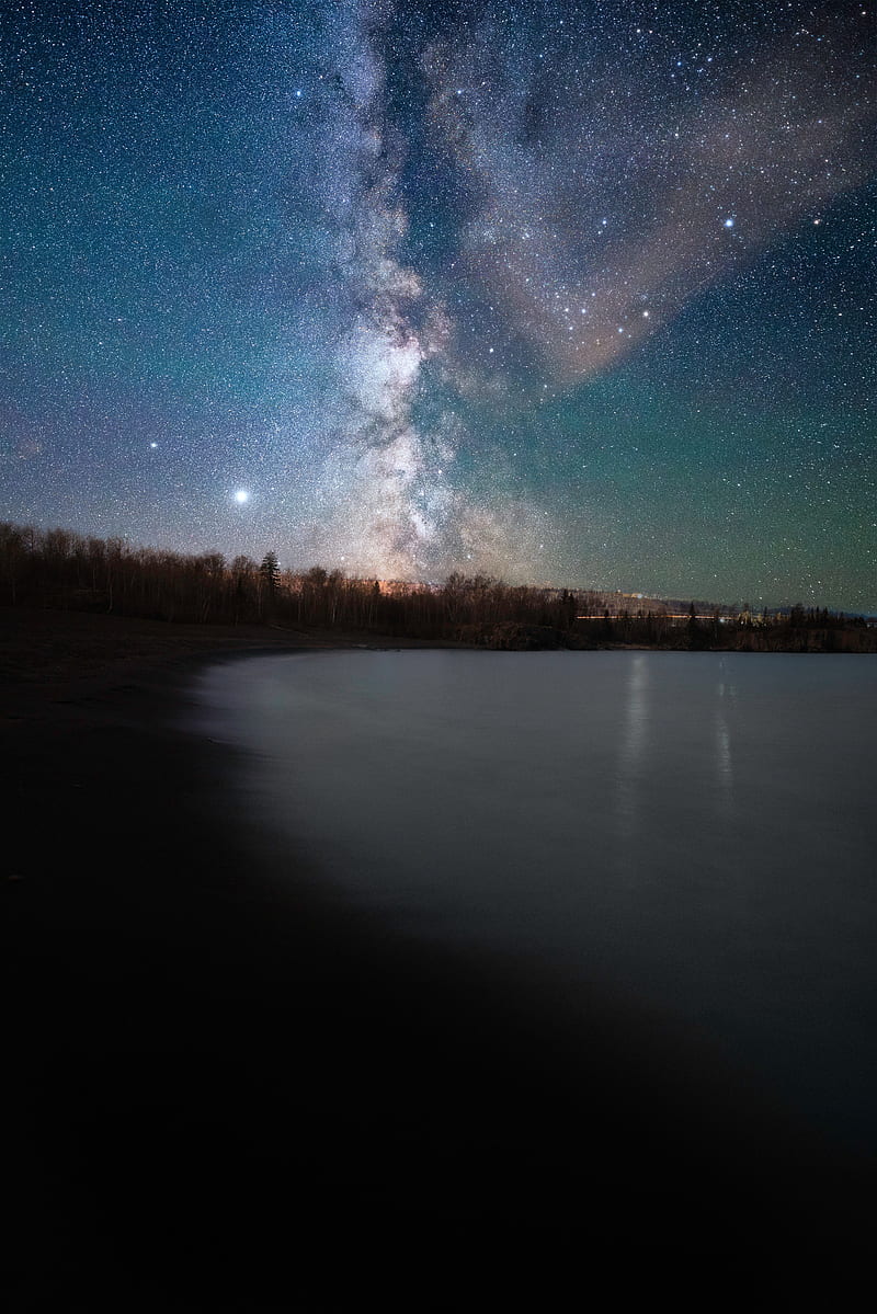 lake, shore, starry sky, night, dark, HD phone wallpaper