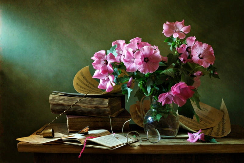Still Life, pretty, books, book, vase, bonito, bell, old, graphy, flowers, beauty, musical notes, pink, pink flowers, lovely, romantic, romance, purple flowers, purple, old books, nature, petals, HD wallpaper
