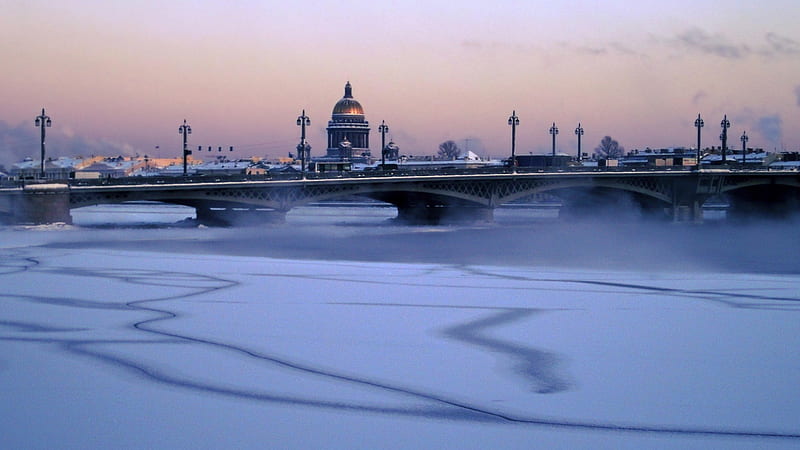 st isaacs cathedral at a frozen neva river, cathedral, city, bridge, river, frozen, HD wallpaper