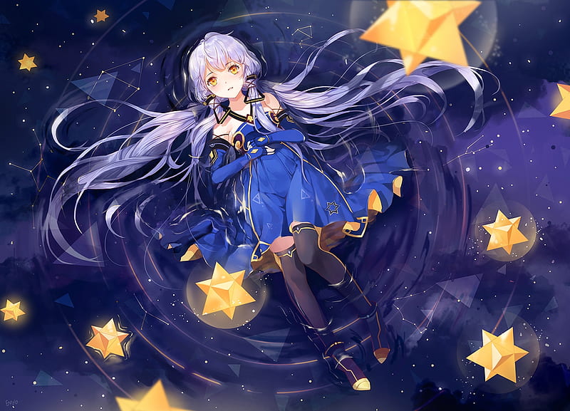 Alignment of the Stars, Stars, Stardust, Anime, Yomaomi, bonito, Sweet, Vocaloid, Yellow Eyes, Long Hair, Girl, Polychromatic, Chinese Vocaloid, Dress, Bright, Art, Cute, Water, Black Socks, Purple Hair, Euphoria, Xingchen, Ribbons, Blue Dress, Laying, HD wallpaper