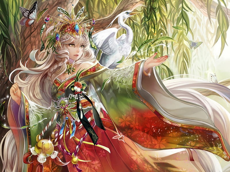 Forest Empress, forest, female, japanese, queen, bonito, CG, girl, oriental, anime, drawing, painting, empress, beauty, nature, lady, princess, HD wallpaper