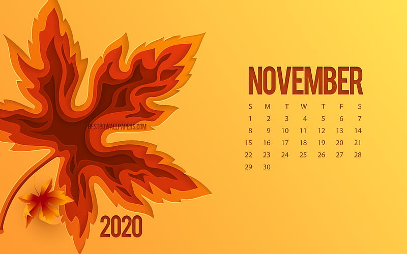 2020 November Calendar, 3d autumn leaf, orange background, November, autumn concepts, 2020 calendars, autumn, creative art November 2020 Calendar, HD wallpaper