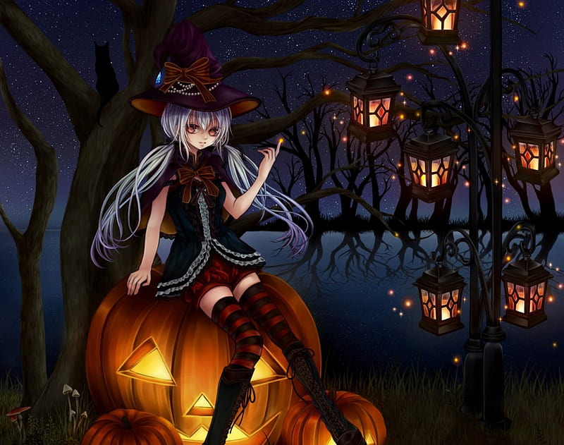 543226 anime touhou halloween kirisame marisa blonde pumpkin anime girls  witch stars moon stockings night - Rare Gallery HD Wallpapers