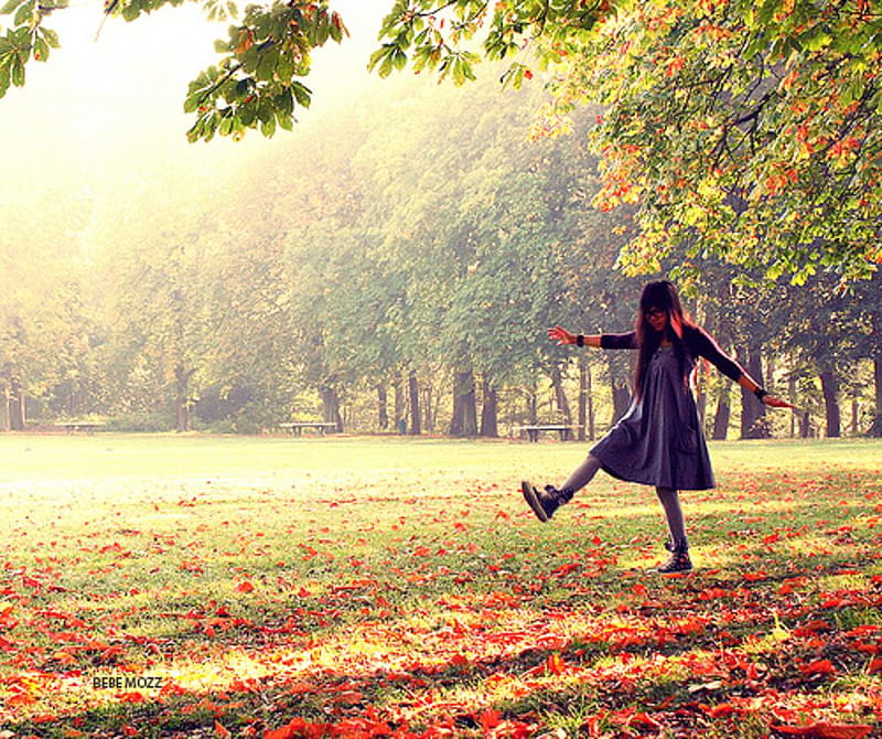 when i was young, autumn, female, leaves, girl, trees, HD wallpaper