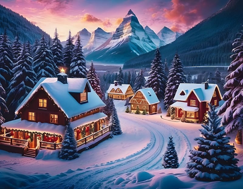 Winter mountain village, erdo, karacsony, dekoracio, fak, hazak, hegyek, tajkep, teli, havas fenyok, ut, havas utak, HD wallpaper