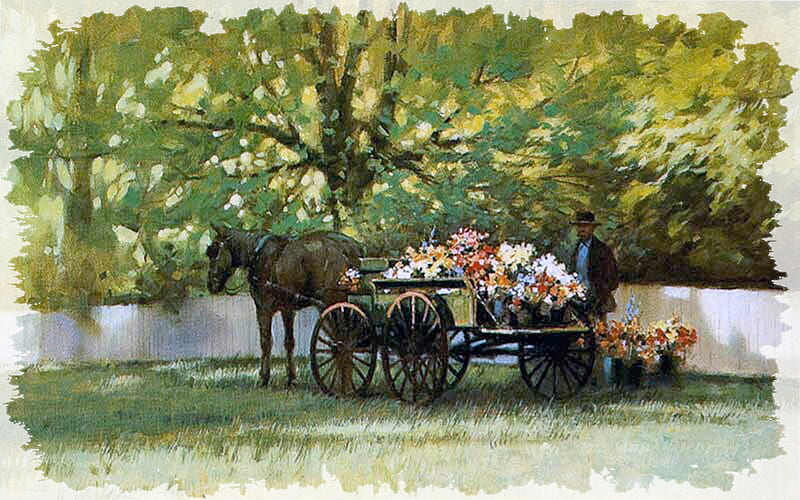Flower Wagon, art, romance, equine, horse, artwork, floral, wagon, paul landry, landry, love, painting, wide screen, flower, beauty, HD wallpaper