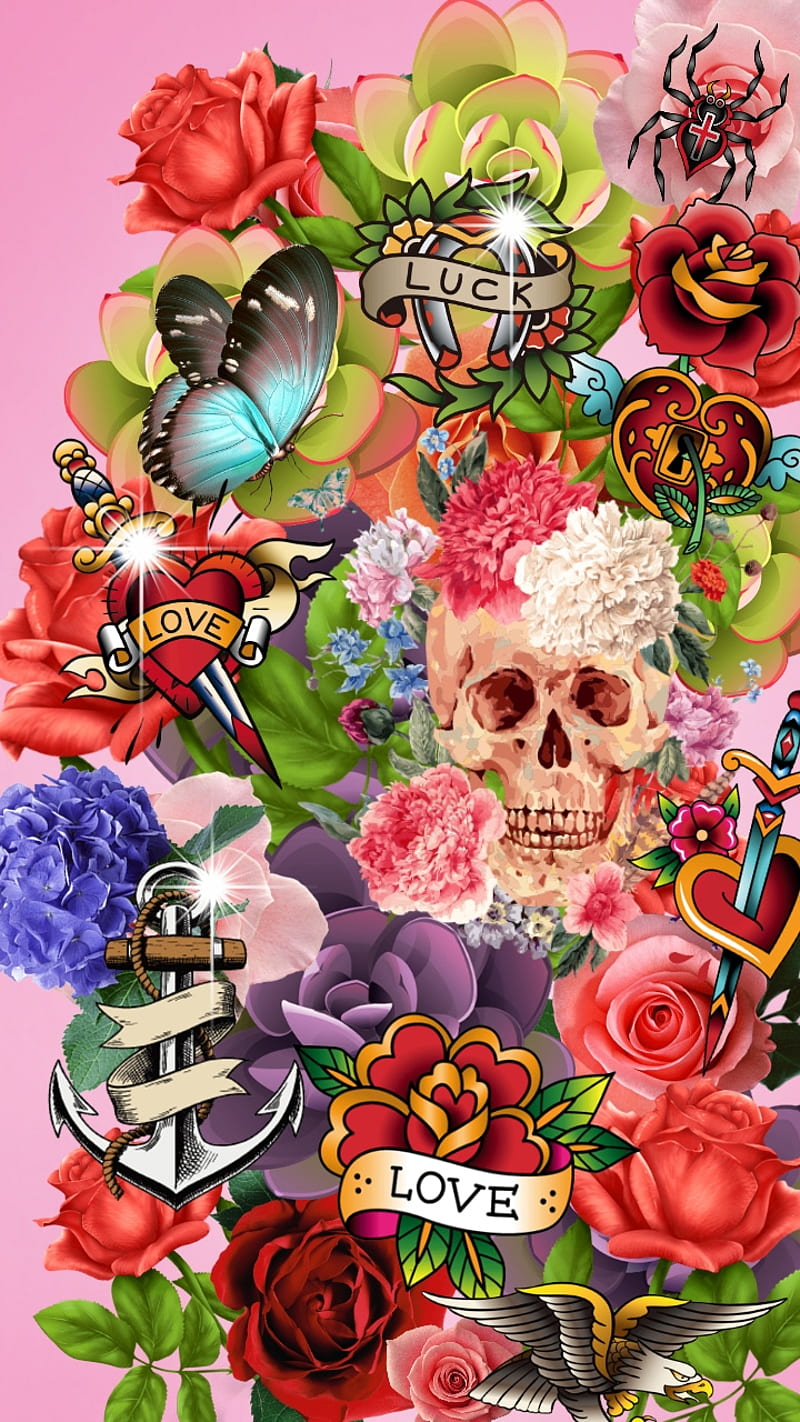Partake, anchor, butterfly, day, dead, flowers, love, red, roses, skull, sugar, HD phone wallpaper