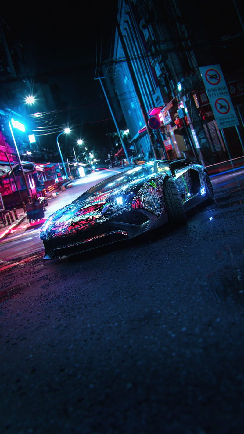 Lamborghini, blue, car, citt, cyberpunk, italian, italy, night, pink, HD phone wallpaper