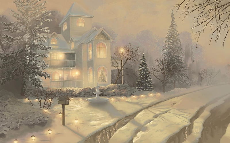 Jamestown Victorian, Winter, Christmas, house, snow, painting, evening, trees, lights, HD wallpaper