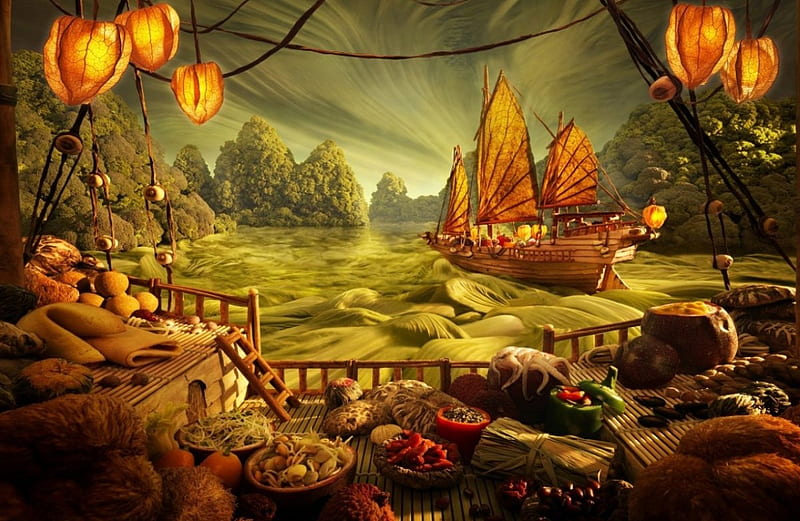 Fantasy Voyage, sailship, painting, foodstuff, artwork, sea, HD wallpaper