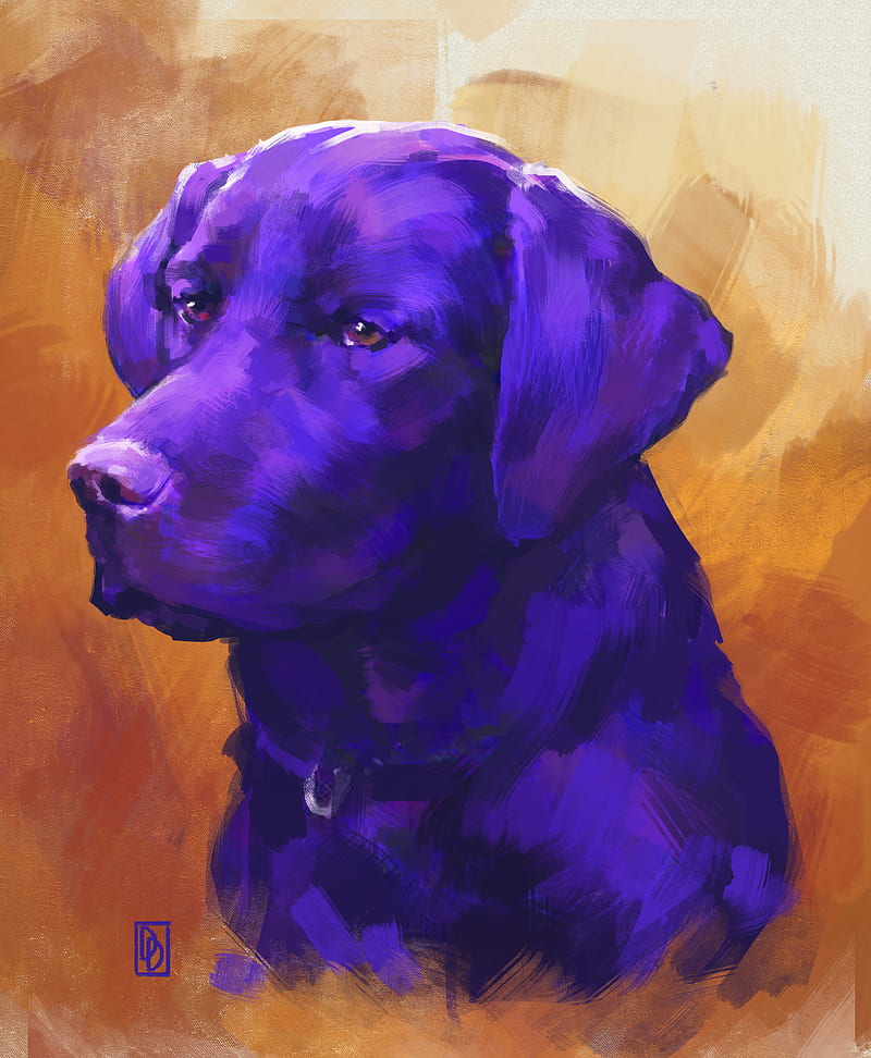 Damian Dinev, dog, painting, concept art, purple, orange, HD phone wallpaper