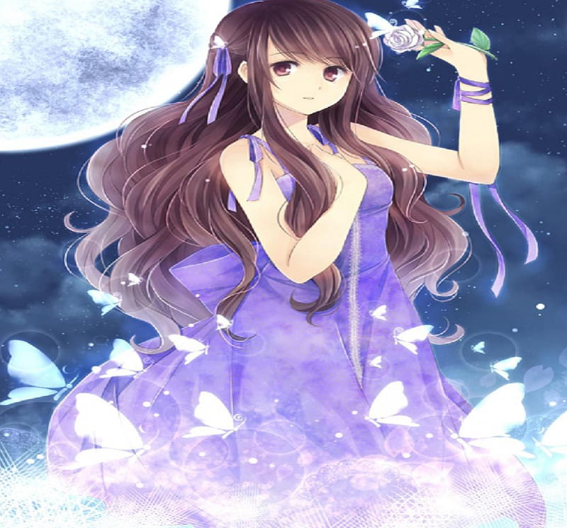 Night Flower, butterfly, purple, girl, flower, nigh, orginal, long hair, HD wallpaper