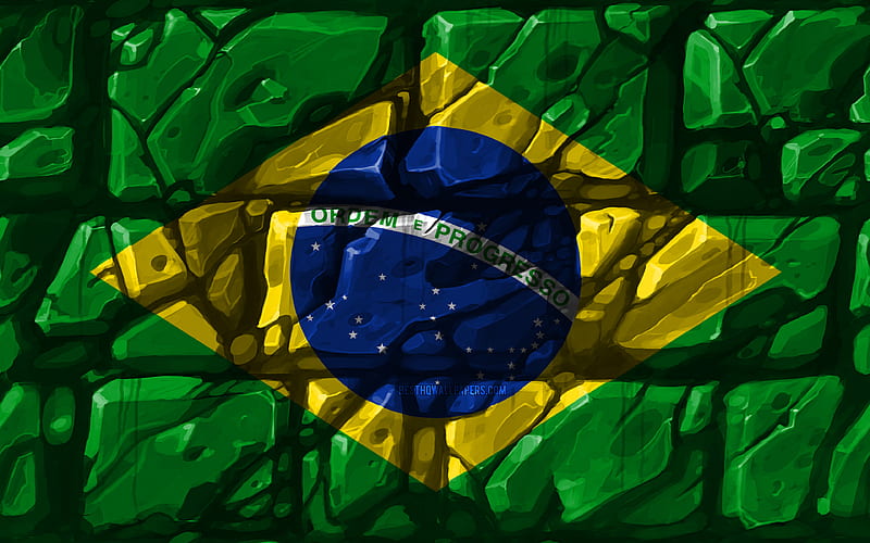 Brazilian flag, brickwall South American countries, national symbols, Flag of Brazil, creative, Brazil, South America, Brazil 3D flag, HD wallpaper