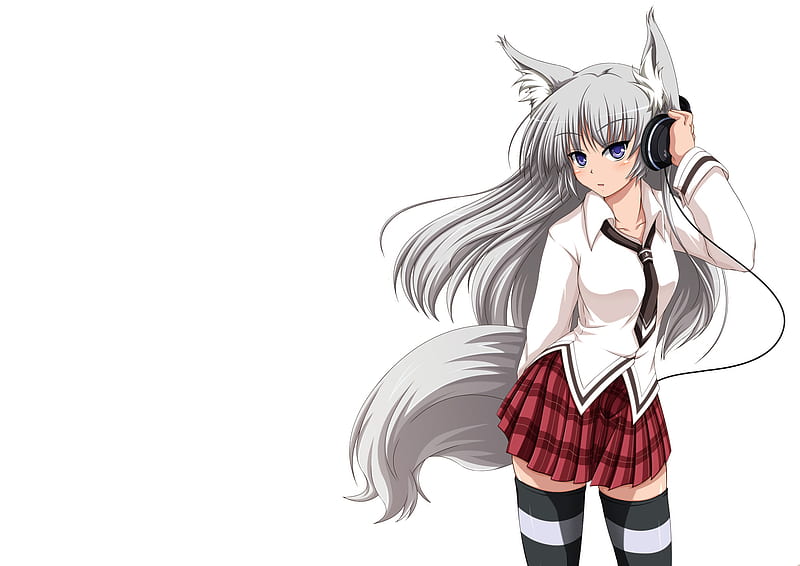 Foxgirl, original, animal ears, gray hair, tail, blush, skirt, headphones, tie, thighhighs, white, purple eyes, seifuku, HD wallpaper