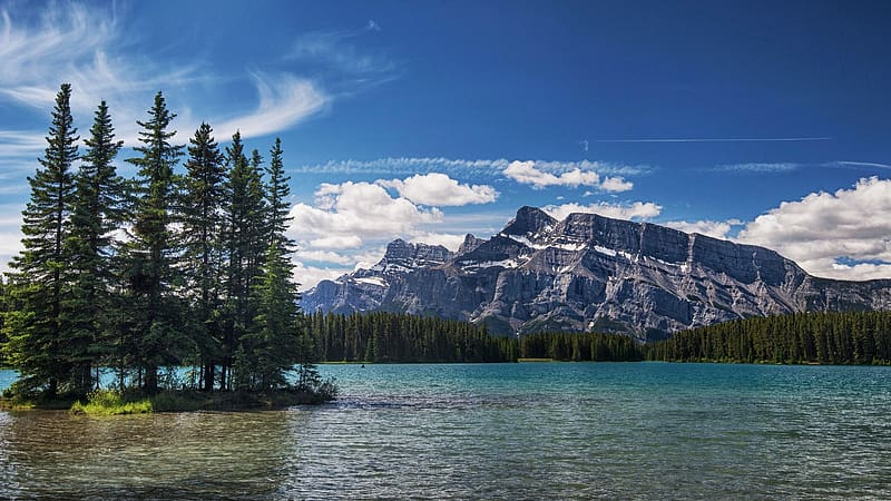 Two Jack Lake and Mount Rundle, Banff NP, Alberta, rocks, clouds, trees, water, canada, landscape, sky, mountain, HD wallpaper