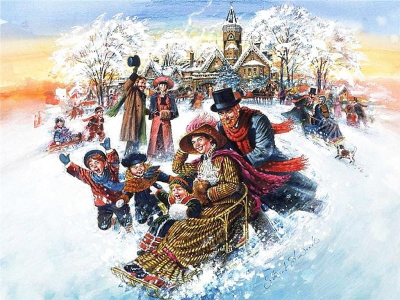 Victorian Pleasures, sleigh, house, snow, people, painting, artwork, HD wallpaper