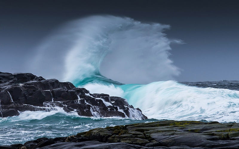 Waves, art, rock, ocean, storm, sea, water, stone, painting, white, blue, HD wallpaper