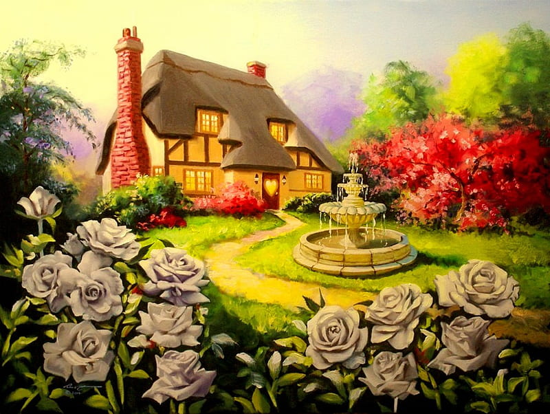 Cottage in paradise, art, fountain, house, grass, home, bonito, spring, roses, que, paradise, painting, summer, flowers, garden, HD wallpaper