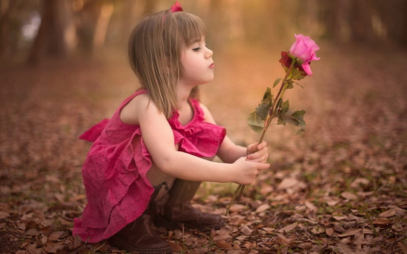 Pretty Little Girl, fall, autumn, girl, rose, flower, baby, HD wallpaper