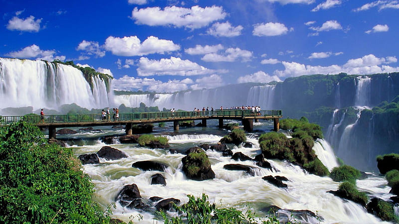 Iguazu Falls Panorama Under Cloudy Blue Sky Nature, HD wallpaper