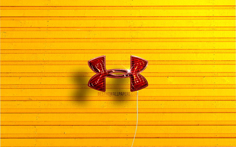 Under Armour logo red realistic balloons, sports brands, Under Armour 3D logo, yellow wooden backgrounds, Under Armour, HD wallpaper