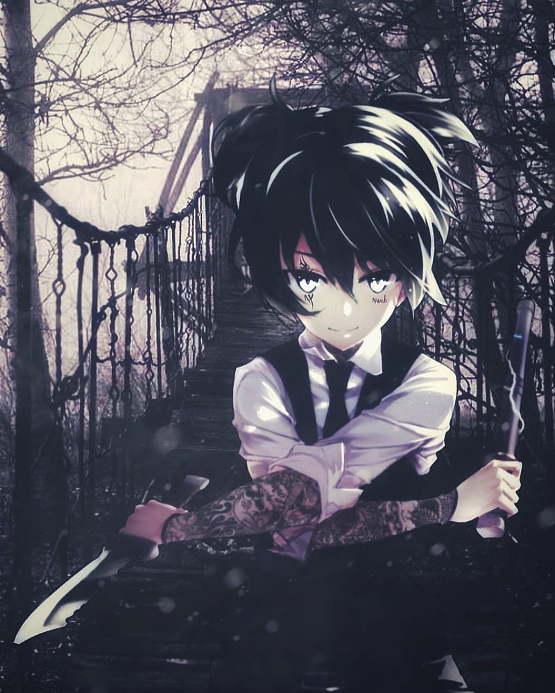 An art of a male anime character, wearing a black lo...