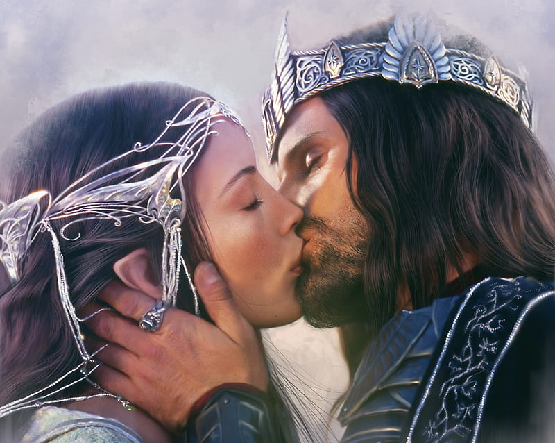 Arwen and Aragorn, king, art, luminos, elf, arwen, man, kiss, fantasy, girl, lotr, aragorn, love, princess, couple, HD wallpaper