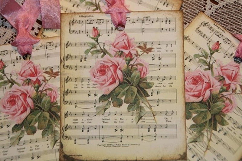 Romantic Music Sheets, art, romantic, music, roses, paintings, sheets, beauty, pink, vintage, HD wallpaper