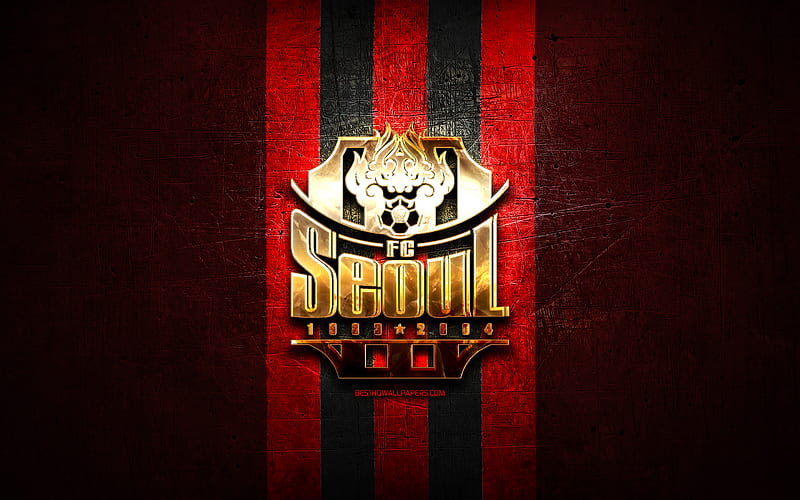 Seoul FC, golden logo, K League 1, red metal background, football, FC Seoul, South Korean football club, Seoul FC logo, soccer, South Korea, HD wallpaper