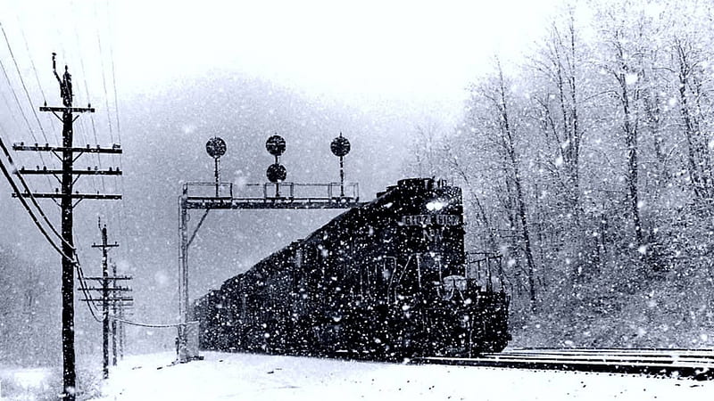 freight train in winter, train, snow, signals, tracks, winter, HD wallpaper