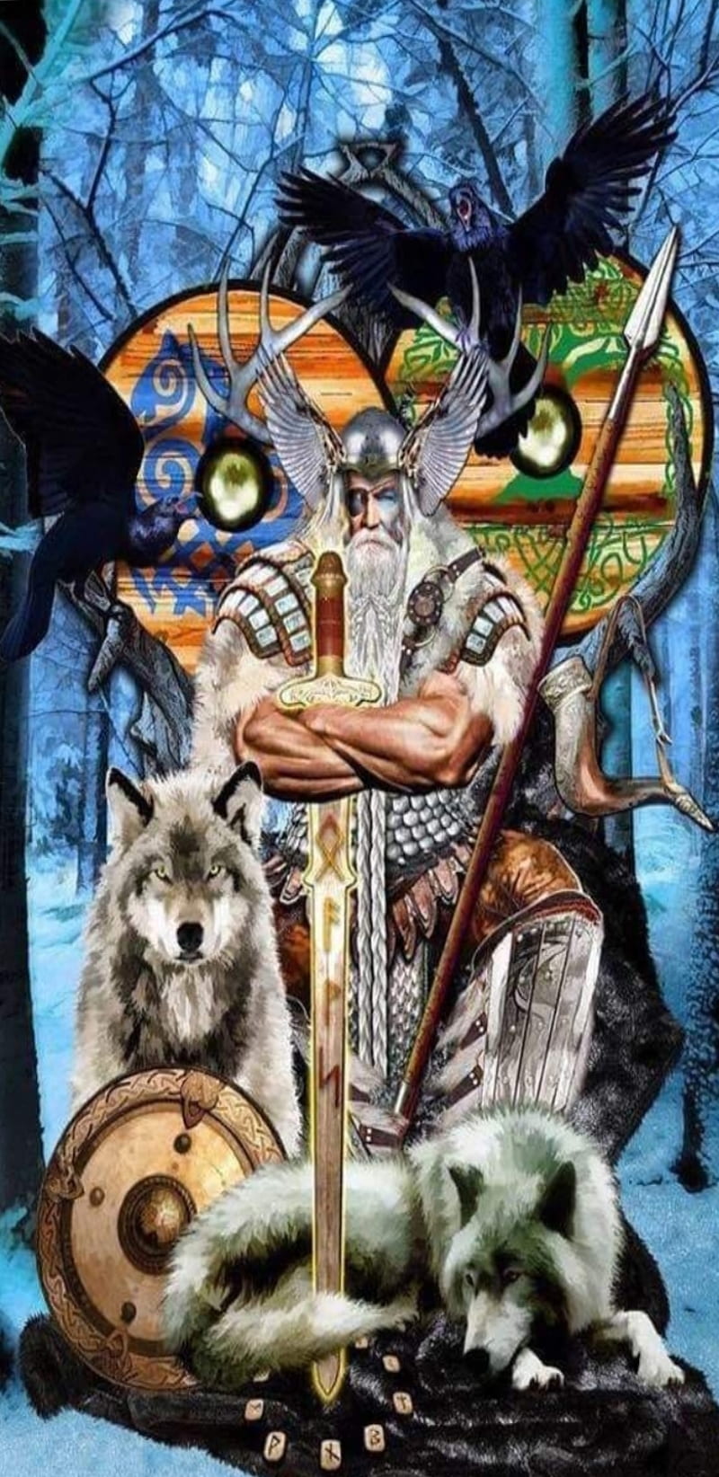 All father odin, god, heathen, norse, shield, sword, viking, wolf, HD phone wallpaper