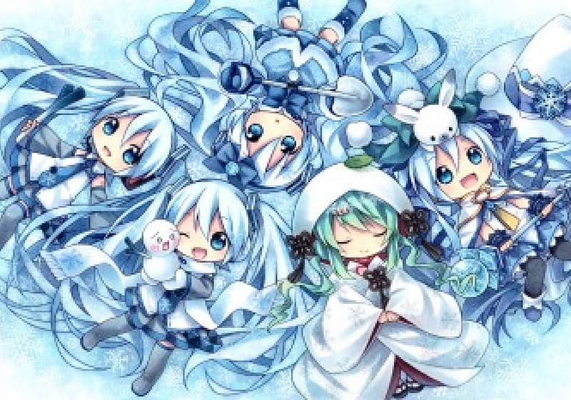 We Love Wintertime!!!, hatsune miku, sisters, adorable, ponytails, anime, long hair, blue eyes, friends, vocaloid, ties, snowman, chibi, yuki miku, winter, hat, cute, blue hair, wink, bunny, HD wallpaper