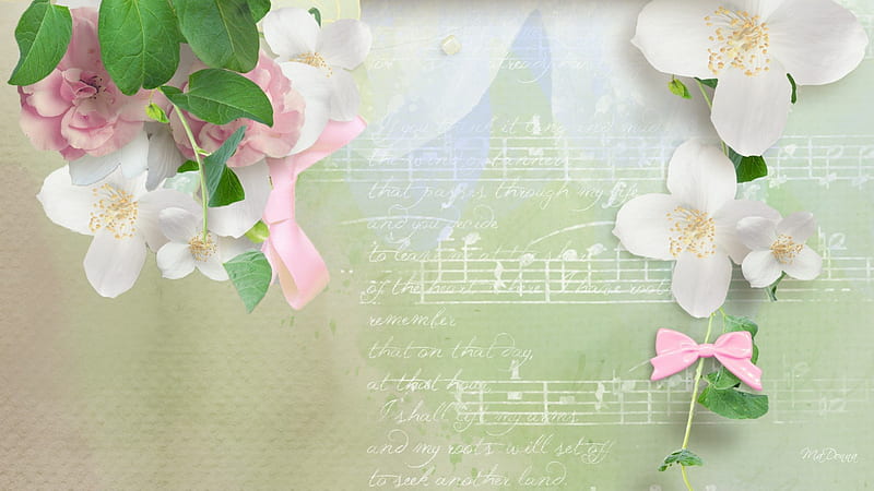 Music of Love, sakura, flowers, pale, music, notes, spring, song, summer, blossoms, flowers, musical, score, light, HD wallpaper