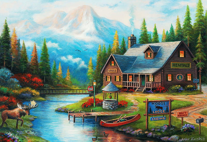 Moose Creek Lodge, trees, mountains, cabin, stones, boat, river, pier, well, artwork, painting, deer, bridge, HD wallpaper
