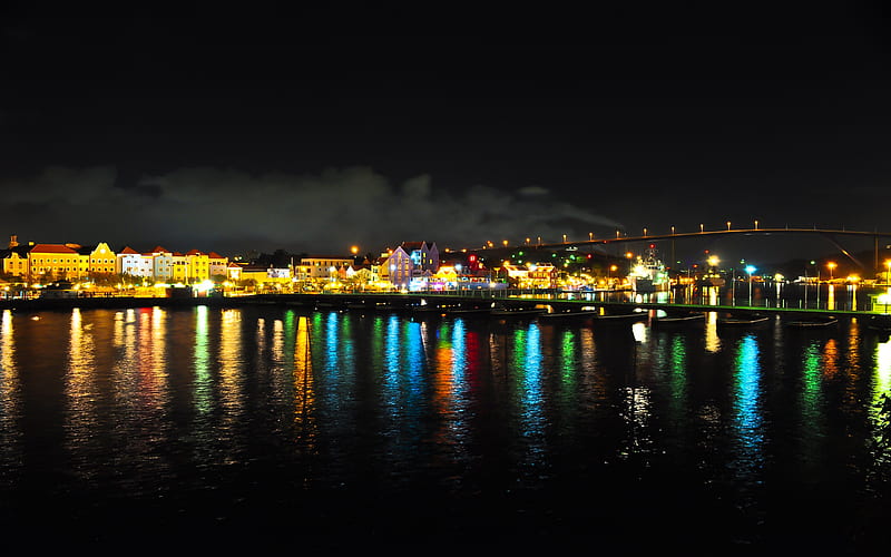 Orthrobanda Curacao, architecture, view, ocean, shoreline, bonito, lights, city, reflection, night, HD wallpaper