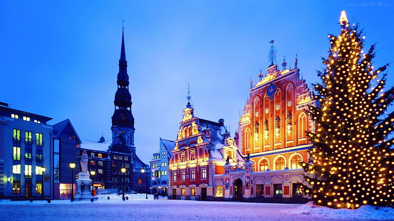 Riga, Latvia, christmas tree, city, christmas, snow, place, church, winter, HD wallpaper