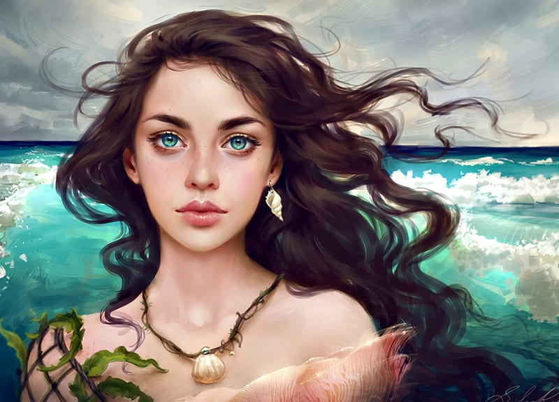 Mermaid, art, woman, selenada, sea, splash, fantasy, water, girl, green, face, portrait, eyes, blue, HD wallpaper