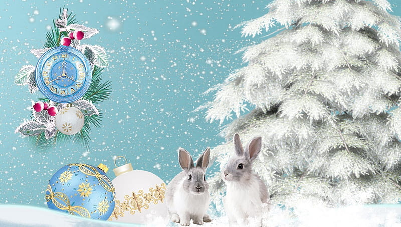 Christmas for Bunnies, feliz navidad, christmas, time, new years, clock, winter, tree, balls, snow, snowflakes, decorations, flower, rabbits, bunnies, HD wallpaper