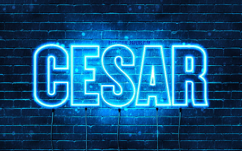 Cesar with names, horizontal text, Cesar name, blue neon lights, with Cesar name, HD wallpaper