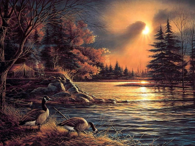 By Terry Redlin, art, painting, nature, river, sunset, sky, terry redlin, HD wallpaper