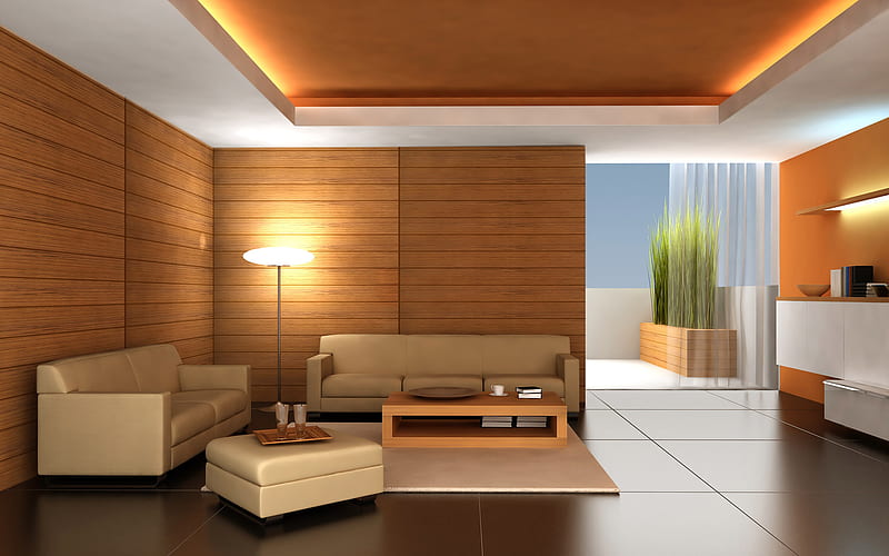 stylish living room interior, wood panels on the walls, living room project, loft style, modern interior design, HD wallpaper