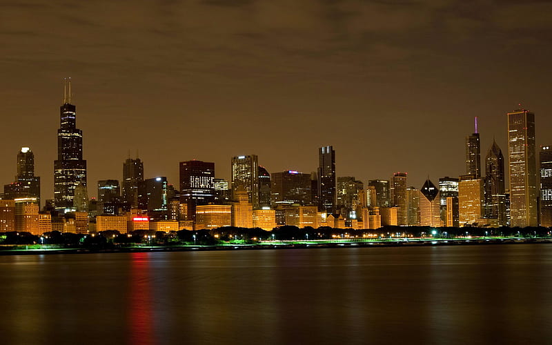 Chicago, Willis Tower, Chicago Blackhawks, night, cityscape, skyscrapers, Lake Michigan, Chicago skyline, Illinois, USA, HD wallpaper
