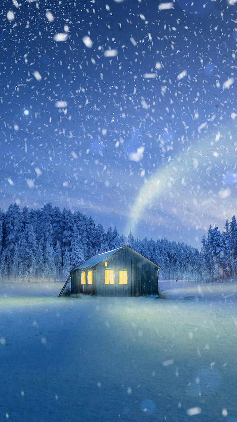 Snowfall, house, winter, night, snowing, cabin, nature, snow, HD phone wallpaper