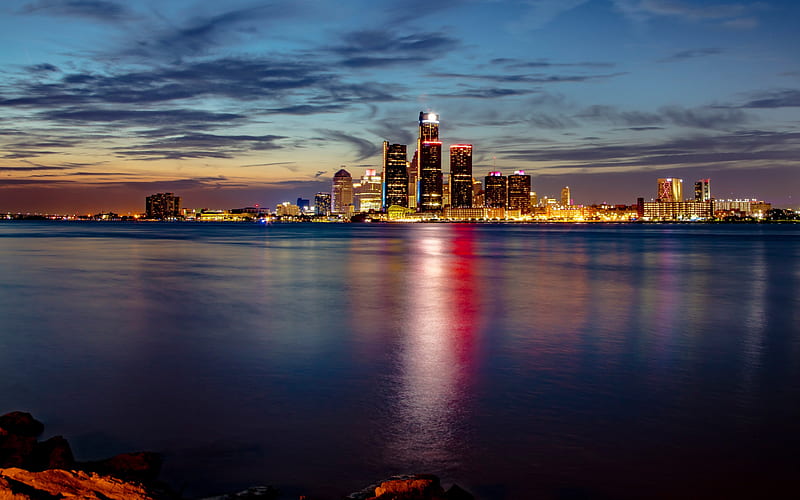 Detroit, night, skyscrapers, cityscape, evening, Detroit River, Michigan, USA, HD wallpaper