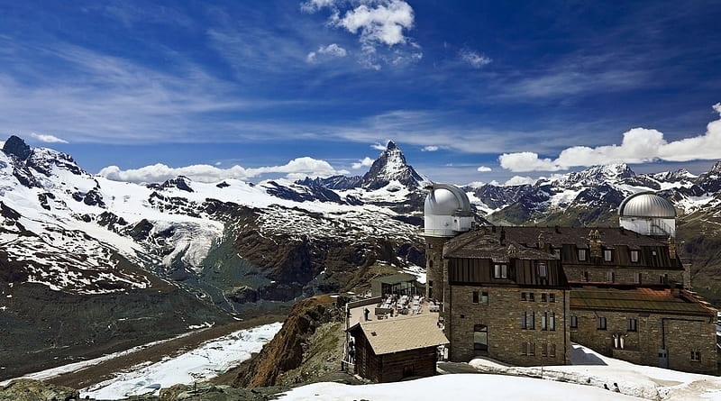 gornergrat, highest hotel in the swiss alps, hotels, observatory, snow, mountains, HD wallpaper