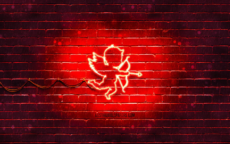Cupid neon icon red background, neon symbols, Cupid, neon icons, Cupid sign, love signs, Cupid icon, love icons, love concepts, HD wallpaper