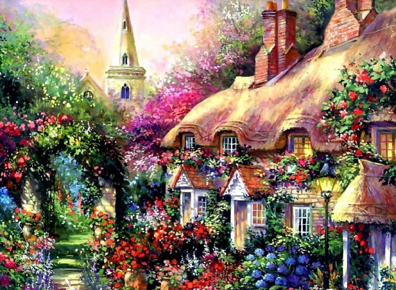 Cottage Garden, colorful flowers, cottage, painting, beautiful nature, garden, charm, HD wallpaper Cottage Garden, colorful flowers, cottage, painting, beautiful nature, garden, charm, HD wallpaper