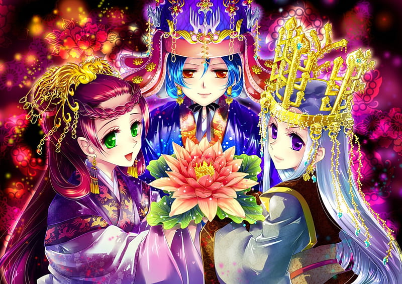 Welcome to 3 Kingdoms, friend, redhead, green eyes, magic, sweet, floral, fantasy, group, gold, multicolor, yukata, anime, beauty, anime girl, jewel, purple eyes, kingdom, long hair, loral, sexy, abstract, braids, happy, jewelry, cute, crown, red eyes, colorful, divine, queen, bonito, elegant, blossom, color, hot, tiara, light, gorgeous, female, smile, red hair, kimono, girl, blue hair, flower, magical, empress, petals, princess, HD wallpaper