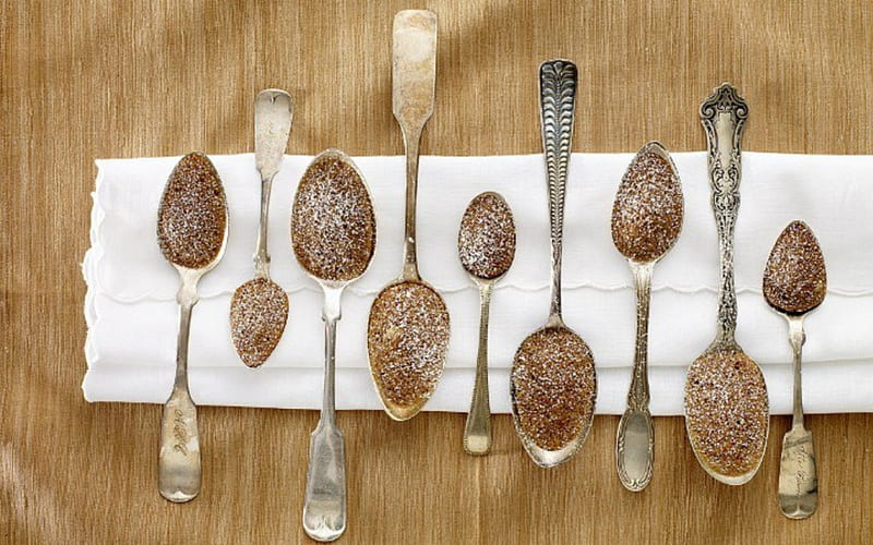 Nine Spoon of Madeleines, table napkin, Madeleines, spoons, sugar, HD wallpaper